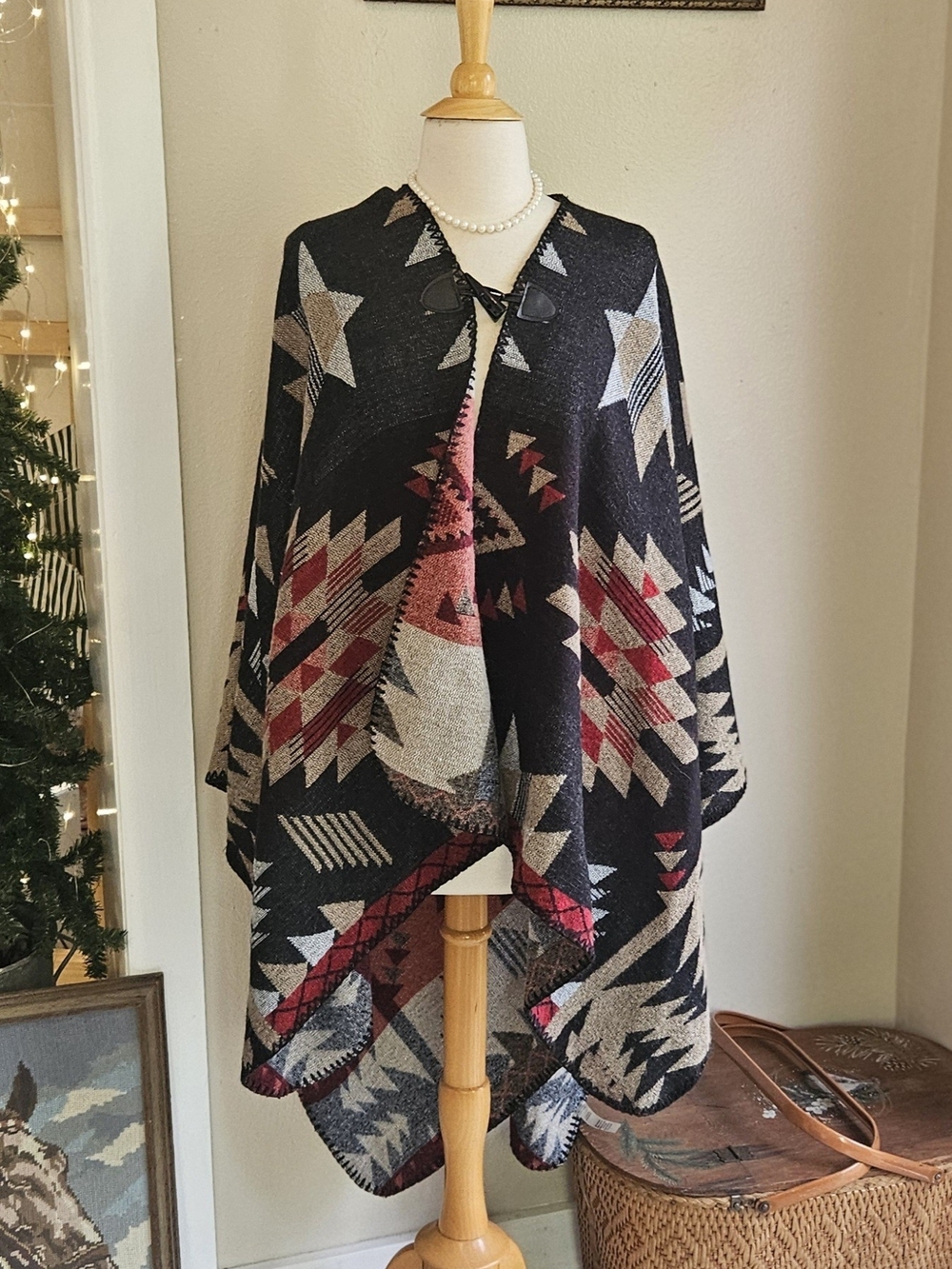 Women's Black Aztec Ruana Poncho Jacket
